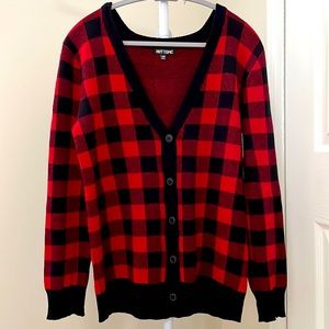 Hot Topic Red Black Checkered Knit Cardigan Sweater size M